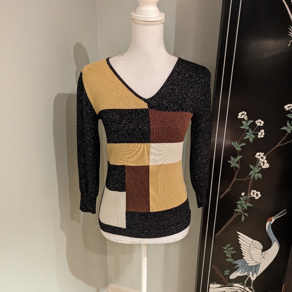 90s/Y2K Monica Gellar FRIENDS Colorblock Metallic Sweater Top Small 3/4SLV 147